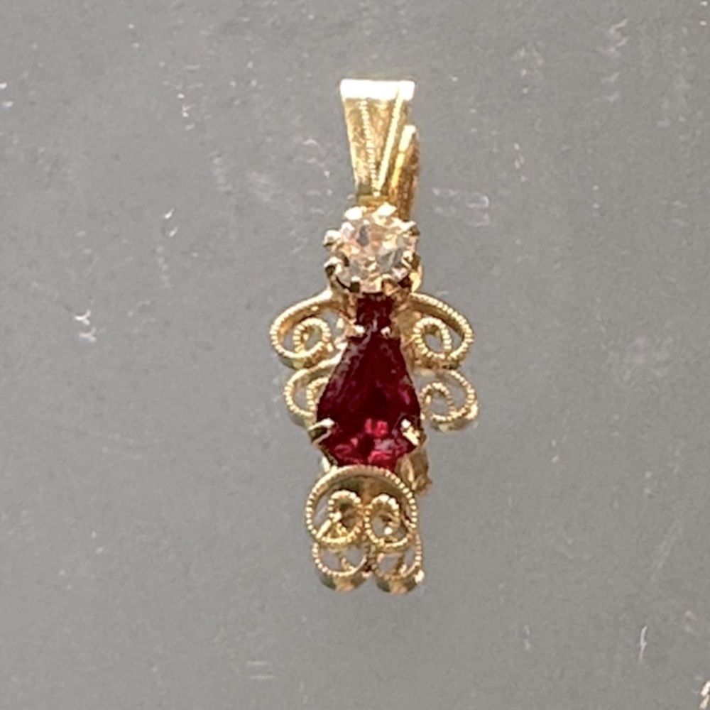 Tiny Gold Tone and Red Teardrop Rhinestone Pendant Shaped Like a Woman